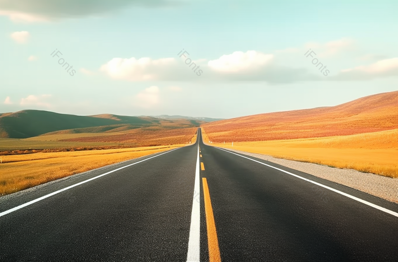 秋天的季节荒郊野外的公路马路黄线白线延伸到远方无人的场景图像摄影,高清,摄影图,摄影图片,图片大全,摄影图免费下载